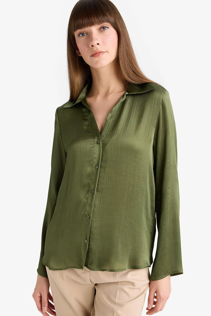 DeFacto Green Woman Regular Fit Satin Long Sleeve Shirt Casual - Image 1