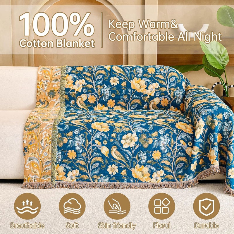 VANJOROY Boho Throw Blanket King, 100% Organic Cotton Breathable Ultra Soft 91" x 98" Bed Quilt Throw - All Season Floral Rustic Farmhouse Decor Reversible Blanket for Sofa Couch Chair and Gift - Image 3