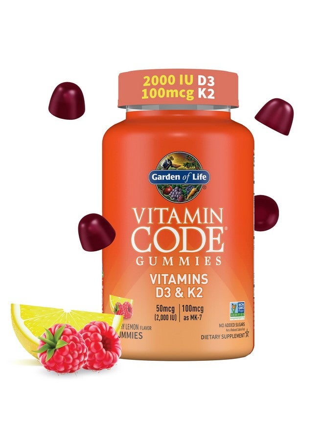 Garden of Life Vitamin D3+K2 Gummies with Prebiotics&Probiotics for Digestion,2000 IU Vitamin D3+100mcg K2 for Bone&Immune Health for Adults,Vitamin Code,Non-GMO,Gluten-Free,45 Raspberry Lemon Gummies - Image 1