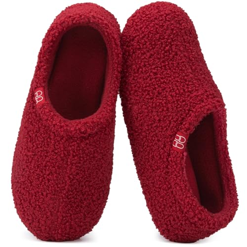 HomeTop Women's Fuzzy Curly Fur Memory Foam Loafer Slippers Bedroom House Shoes with Polar Fleece Lining (9-10, Wine Red) - Image 1
