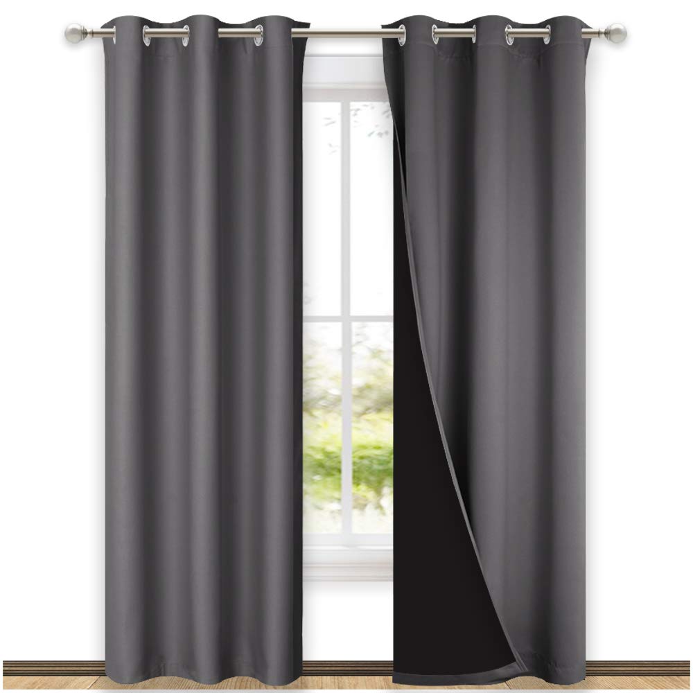 NICETOWN Grey Full Shade Curtain Panels, Pair of Thermal Insulated & Energy Efficiency Blackout Curtains for Living Room Windows, Lined Silky Window Dressing (42-inch Wide x 84-inch Long, Gray)