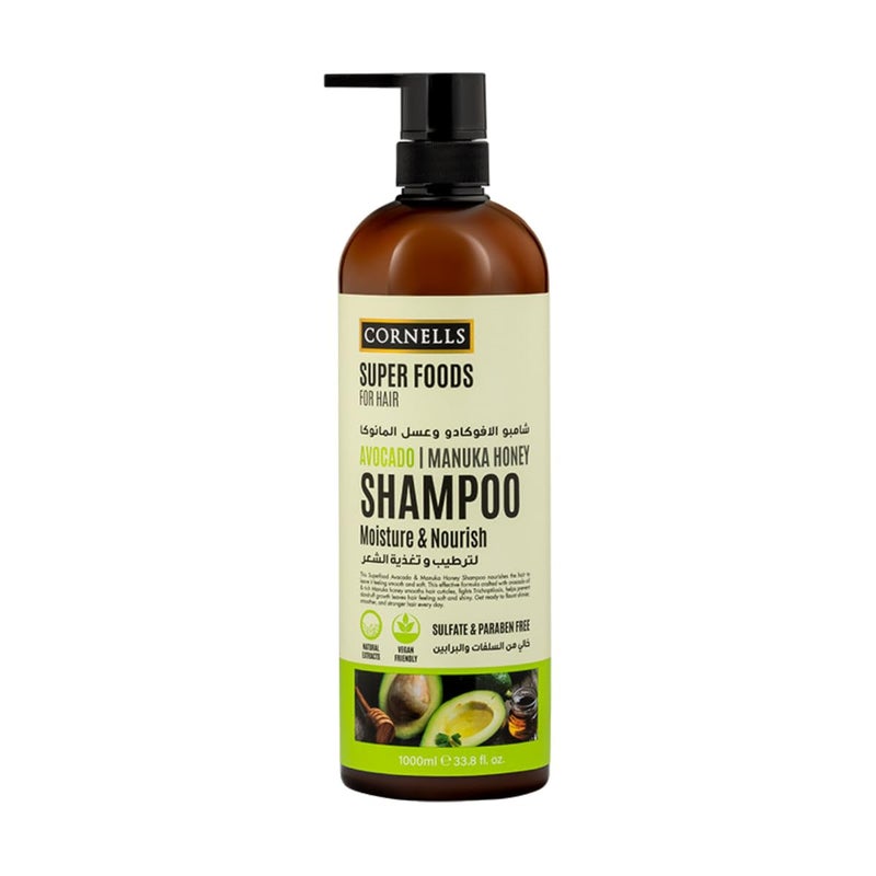 Cornells Wellness Super Foods For Hair Care Avocado & Manuka Honey Shampoo 1000ml, Reduces Hair Fall, Deep Moisturizing & Nourishing Formula, Sulfate-free, Paraben-free, Daily Shampoos, All Hair Types