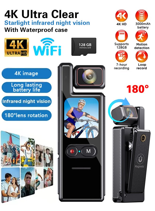 Pocket Sports Camera 4K, 3000mAh Battery 6-Axis Stabilizer Action Camera, 1.69inch High-Definition Touch Screen Body Camera, WIFI connection, 180° rotating lens, IP65 waterproof, Suitable for Vlogging and Live Streaming,  Black - Image 1