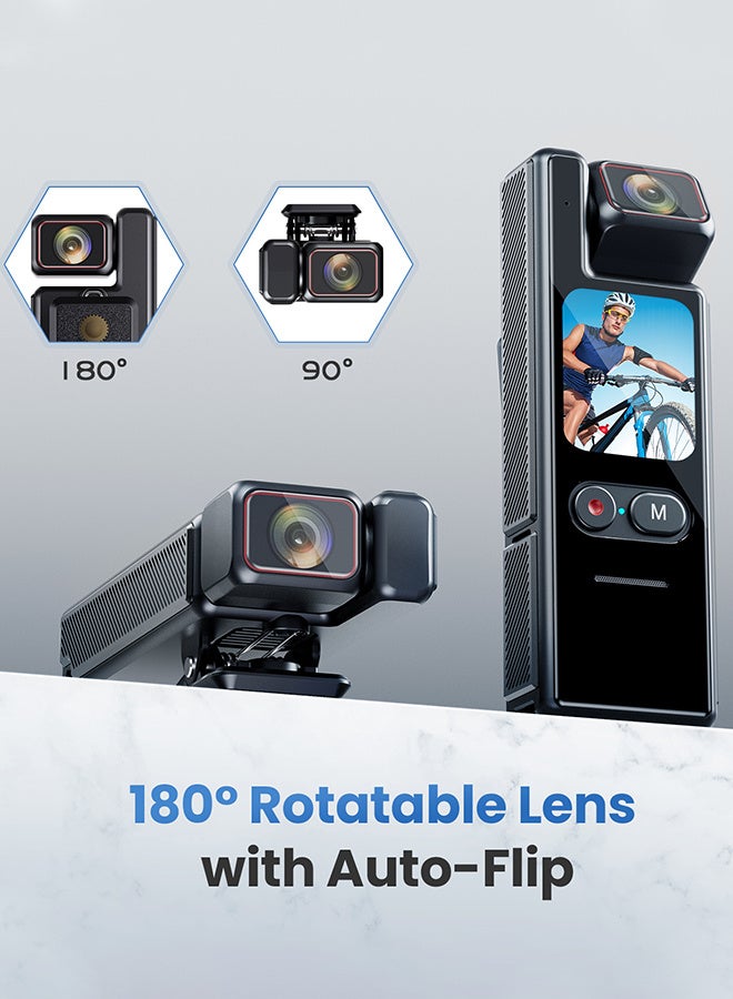 Pocket Sports Camera 4K, 3000mAh Battery 6-Axis Stabilizer Action Camera, 1.69inch High-Definition Touch Screen Body Camera, WIFI connection, 180° rotating lens, IP65 waterproof, Suitable for Vlogging and Live Streaming,  Black - Image 2