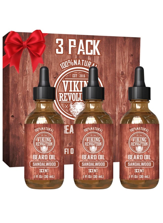Viking Revolution Sandalwood Beard Oil for Men - Natural Mens Beard Oil with Argan Oil and Jojoba Oil - Beard Softener, Strengthens and Moisturizes - Beard Conditioner for Men (Sandalwood, 3 Pack) - Image 1