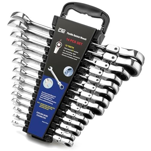 Prostormer Flex Head Ratcheting Wrench Set SAE 147814Piece Chrome Vanadium Steel Combination Wrench Set with Rack - Image 1