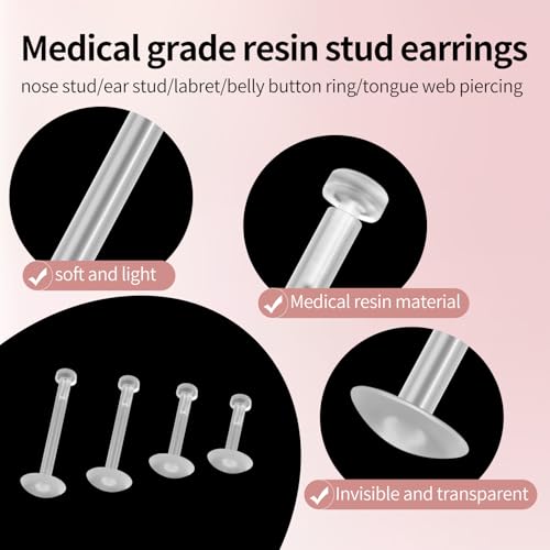 SMLBJUTE Clear Piercing Retainers Earrings Plastic Earrings for Sports Cartilage Earrings Stud Earring Retainer Bar Plastic Piercing Jewelry for Work (6mm/8mm/10mm/12mm Flat Head Total 20 Pcs) - Image 3