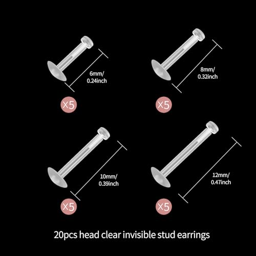 SMLBJUTE Clear Piercing Retainers Earrings Plastic Earrings for Sports Cartilage Earrings Stud Earring Retainer Bar Plastic Piercing Jewelry for Work (6mm/8mm/10mm/12mm Flat Head Total 20 Pcs) - Image 2