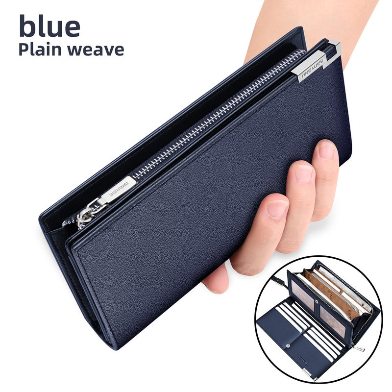 banyanu Men's Short Leather Business Wallet, Minimalist Style, with Multiple Card Slots and Zippered Pockets (Blue - Plain Grain) - Image 1