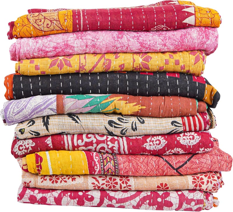 Mycrafts لحاف كانثا هندي جملة 1 قطعة لحاف قبلي كانثا بطانية يدوية الصنع عتيقة رمي هيبي بوهيمي مصنوع من الساري القديم - Image 3