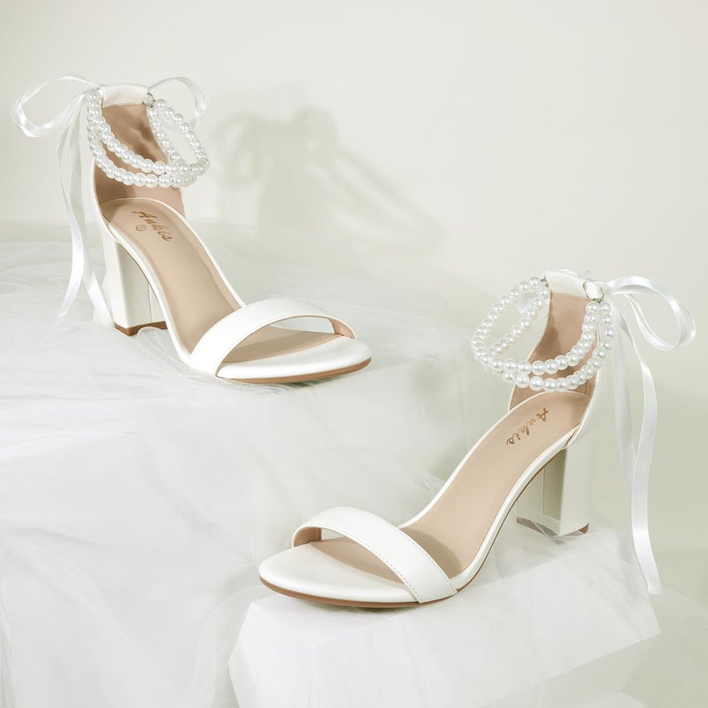 Ankis White Heels Wedding Shoes for Bride Women Chunky Heels Pearl Bow Heeled Sandals 2.75 Inch - Image 3