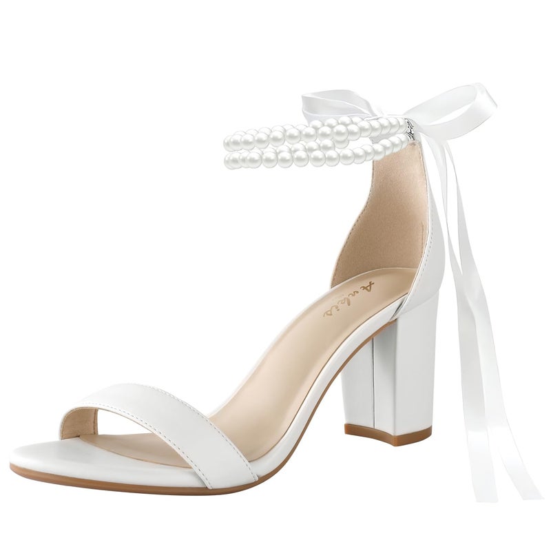 Ankis White Heels Wedding Shoes for Bride Women Chunky Heels Pearl Bow Heeled Sandals 2.75 Inch - Image 1
