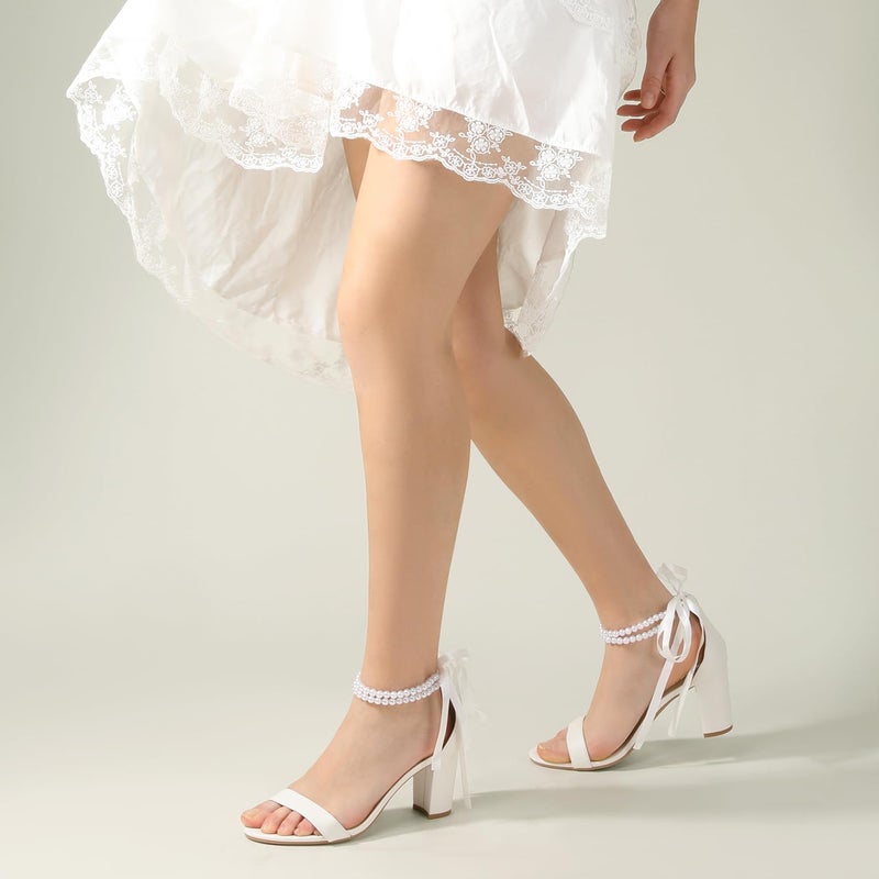 Ankis White Heels Wedding Shoes for Bride Women Chunky Heels Pearl Bow Heeled Sandals 2.75 Inch - Image 2