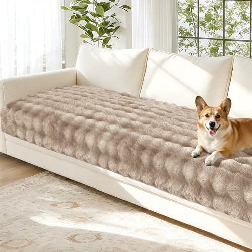 Arfntevss Couch Cover for Dogs Plush Washable Sofa Covers for 3 Cushion Couch Pet Friendly Fuzzy Faux Fur Sofa Slipcovers 3 Seat Anti-Slip Sectional Furniture Protector (Velvety Khaki, 35.5" x 71") - Image 1