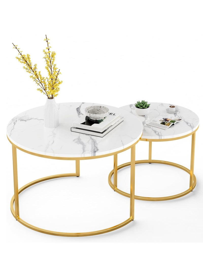 Jorunb Round Coffee Table Set of 2 End Tables for Living Room,White Coffee Table Nesting Tables,Living Room Table Marble Accent Furniture Metal Frame,Sturdy Stacking Side Tables,Easy Assembly  - Image 1