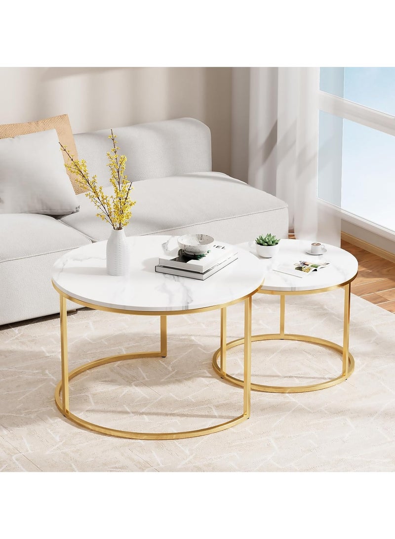 Jorunb Round Coffee Table Set of 2 End Tables for Living Room,White Coffee Table Nesting Tables,Living Room Table Marble Accent Furniture Metal Frame,Sturdy Stacking Side Tables,Easy Assembly  - Image 2