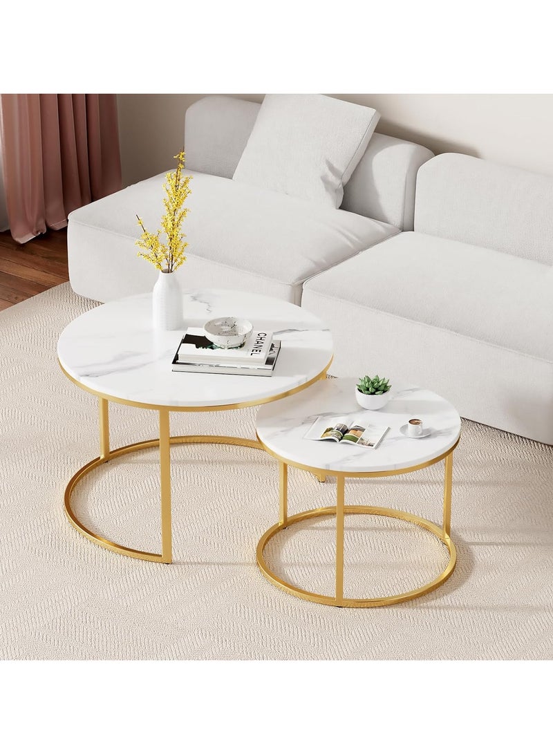 Jorunb Round Coffee Table Set of 2 End Tables for Living Room,White Coffee Table Nesting Tables,Living Room Table Marble Accent Furniture Metal Frame,Sturdy Stacking Side Tables,Easy Assembly  - Image 4