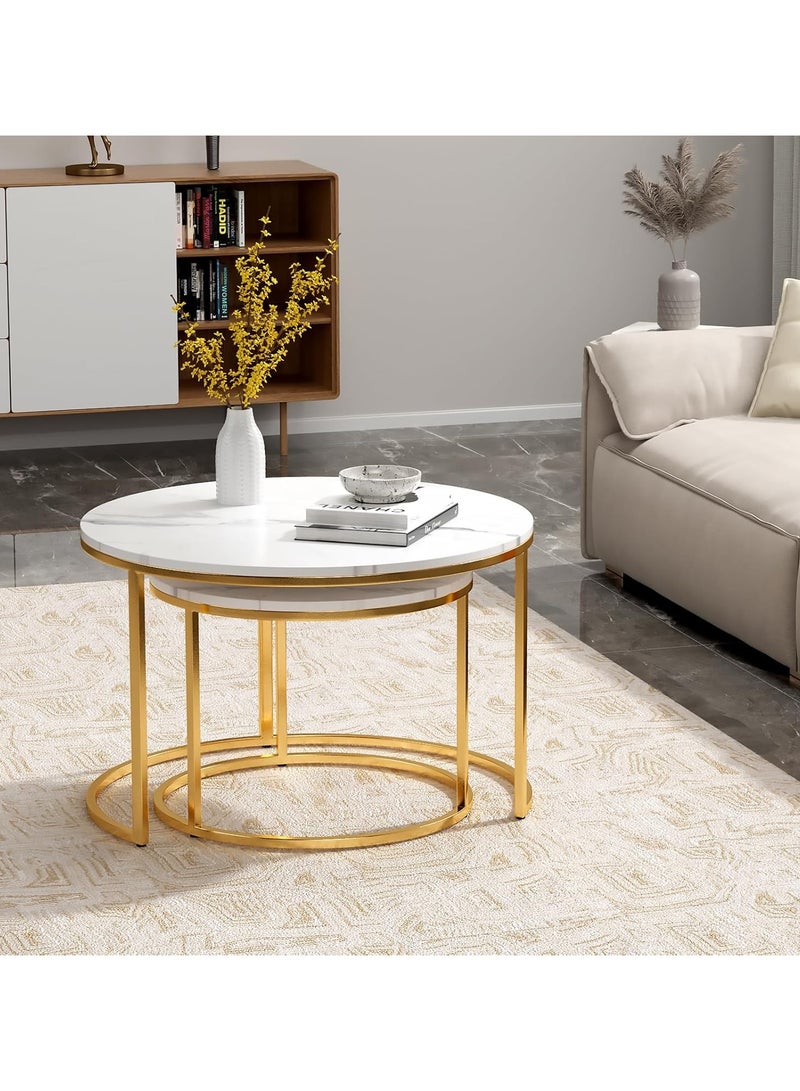 Jorunb Round Coffee Table Set of 2 End Tables for Living Room,White Coffee Table Nesting Tables,Living Room Table Marble Accent Furniture Metal Frame,Sturdy Stacking Side Tables,Easy Assembly  - Image 5