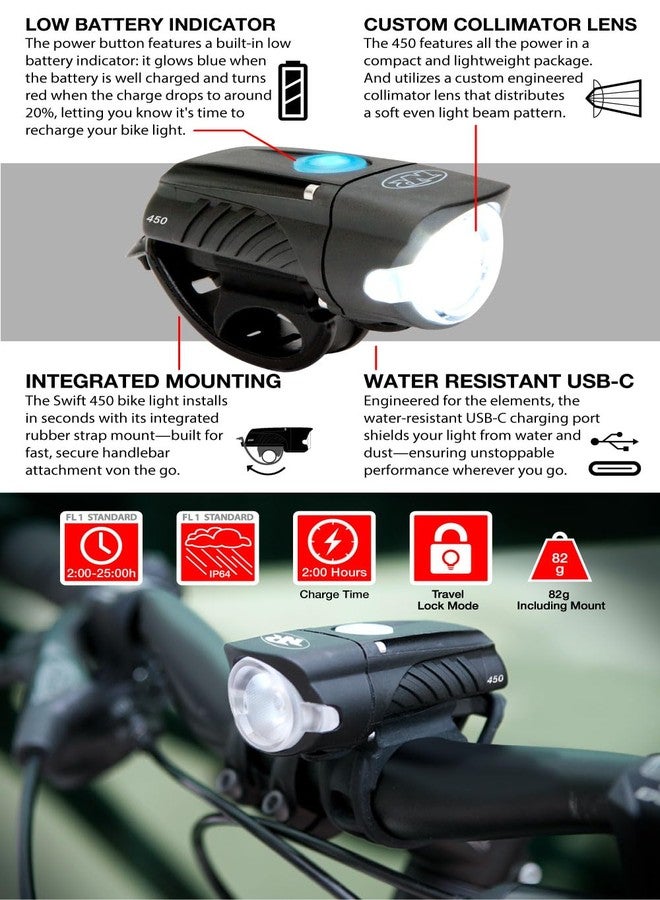 NiteRider نظام إضاءة دراجة نيت رايدر سويفت 450 لومن أمامي قابل للشحن USB-C 5 أوضاع للطرق والدراجات الجبلية LED مقاوم للماء IP64 خفيف الوزن ومضغوط سهل التركيب لسلامة ركوب الدراجات - Image 5