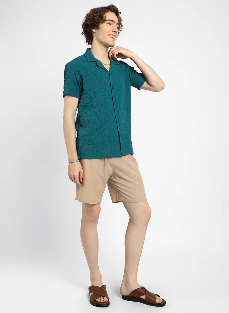 كامبوس سوترا Men's Teal Green Self-Design Creased Striped Shirt