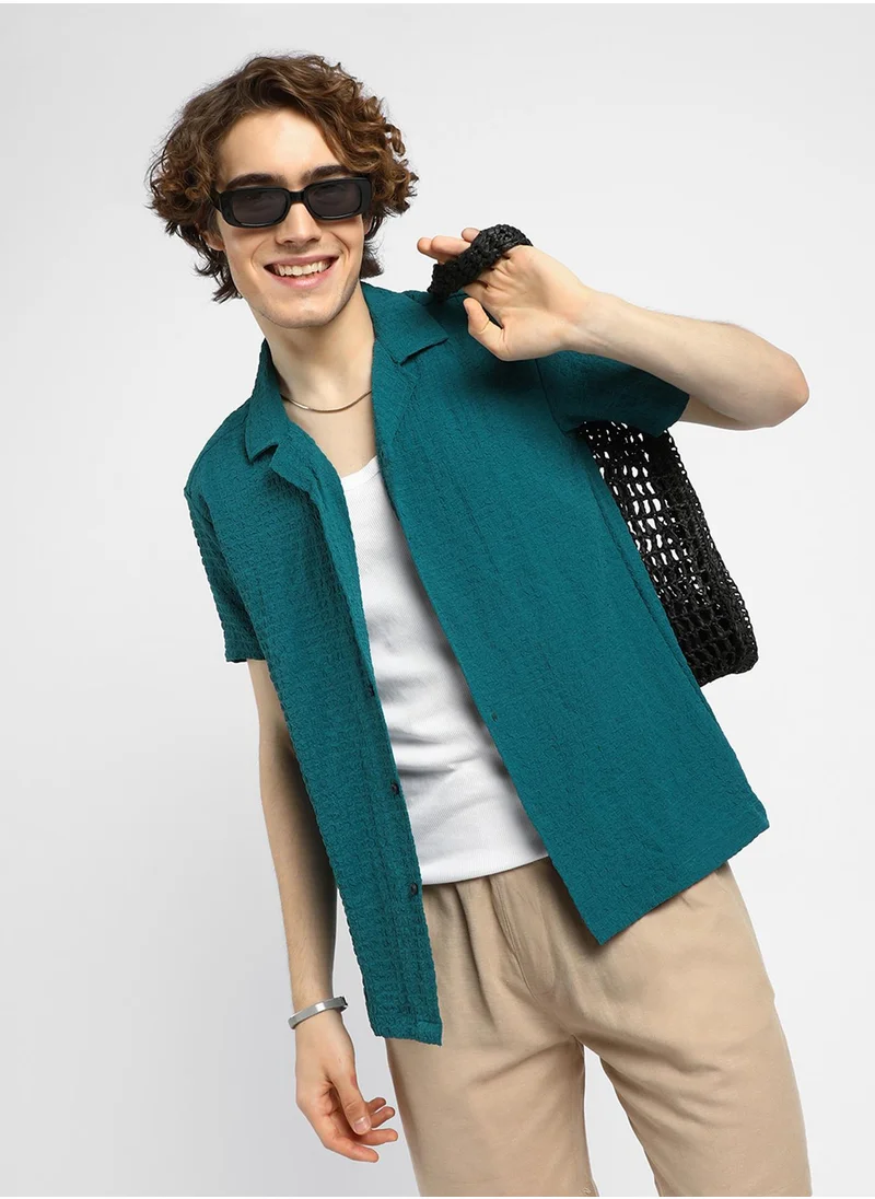 كامبوس سوترا Men's Teal Green Self-Design Creased Striped Shirt