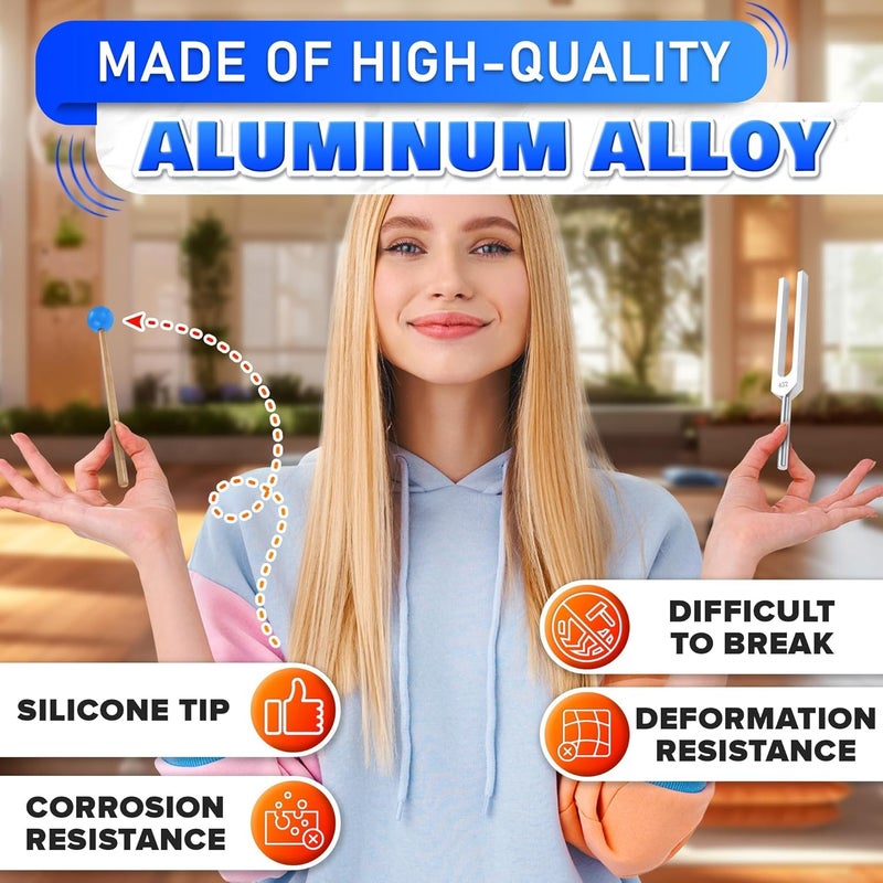 DIMROM 432 Hz Tuning Fork Set – 7.2 inch Stainless Steel Harmony Tuning Fork Set with Reflex Hammer, Cleaning Cloth and Bag - Sound Tools Diapason for Meditation, Relaxing and Music Instruments Calibration - Image 3