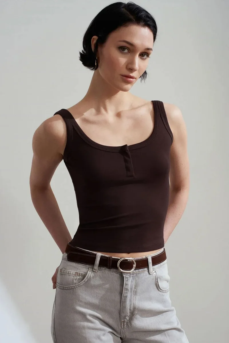 Dilvin Coffee Brown DILVIN Ribbed Crop Cami Blouse for Women | Best Price UAE