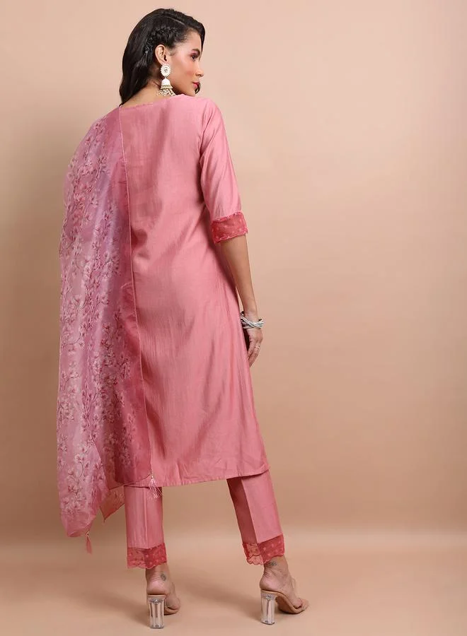 Vishudh Pink Embroidered Kurta Set with Trouser and Dupatta by Styli
