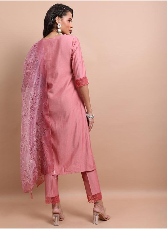 Vishudh Pink Embroidered Kurta Set with Trouser and Dupatta by Styli  - Image 3