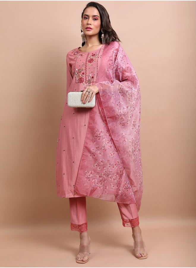 Vishudh Pink Embroidered Kurta Set with Trouser and Dupatta by Styli  - Image 1