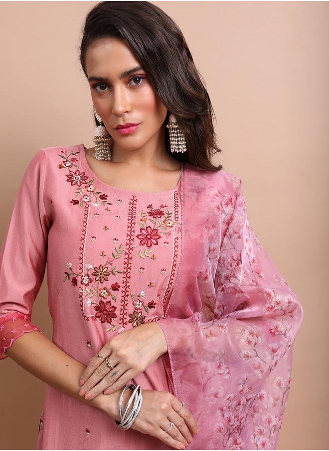 Vishudh Pink Embroidered Kurta Set with Trouser and Dupatta by Styli  - Image 2