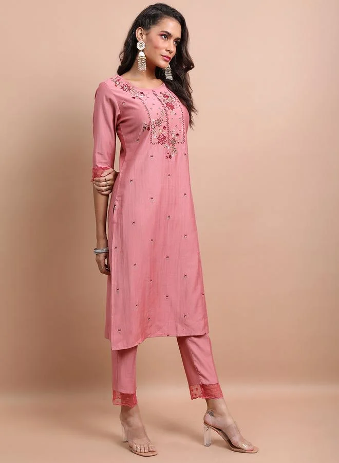 Vishudh Pink Embroidered Kurta Set with Trouser and Dupatta by Styli