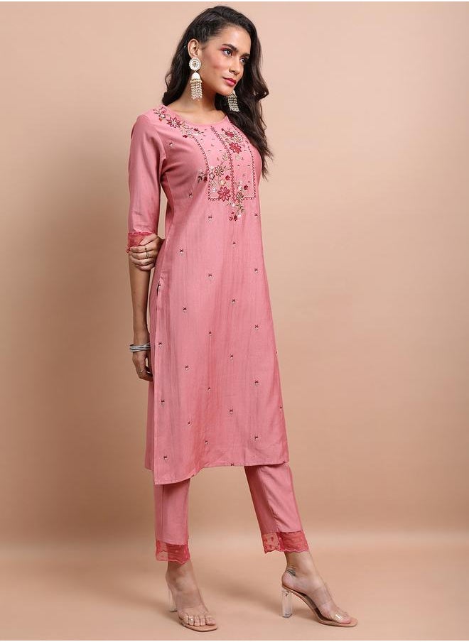 Pink Embroidered Kurta Set with Trouser and Dupatta by Styli