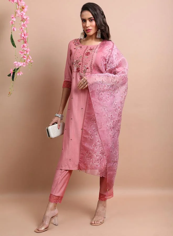Vishudh Pink Embroidered Kurta Set with Trouser and Dupatta by Styli