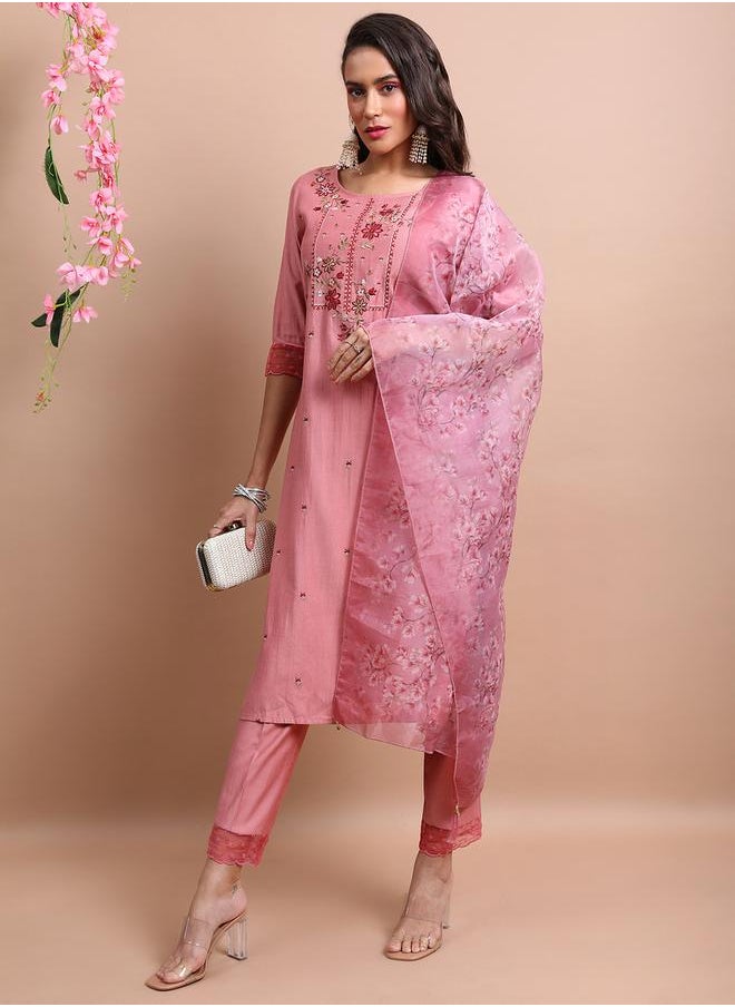 Vishudh Pink Embroidered Kurta Set with Trouser and Dupatta by Styli  - Image 4