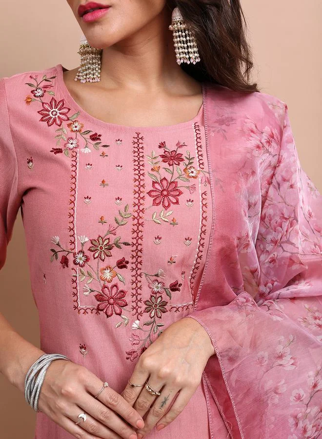 Vishudh Pink Embroidered Kurta Set with Trouser and Dupatta by Styli