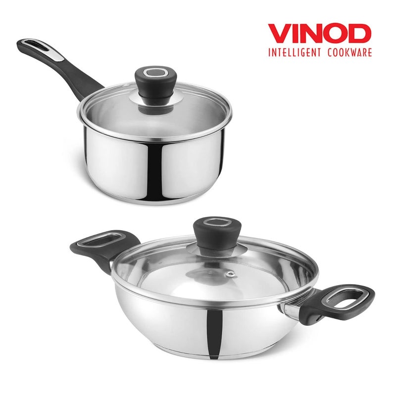 VINOD Vinod Veneto Stainless Steel Cookware Set of 2 | 1.7 Litre Kadai, 1.5 Litre Saucepan with Glass Lid | Stylish Ergonomic Hanldes | Induction Base | 2 Year Warranty - Silver - Image 3