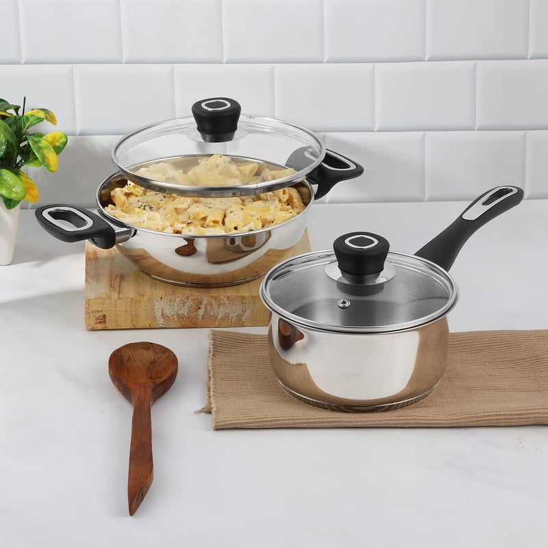 VINOD Vinod Veneto Stainless Steel Cookware Set of 2 | 1.7 Litre Kadai, 1.5 Litre Saucepan with Glass Lid | Stylish Ergonomic Hanldes | Induction Base | 2 Year Warranty - Silver - Image 2