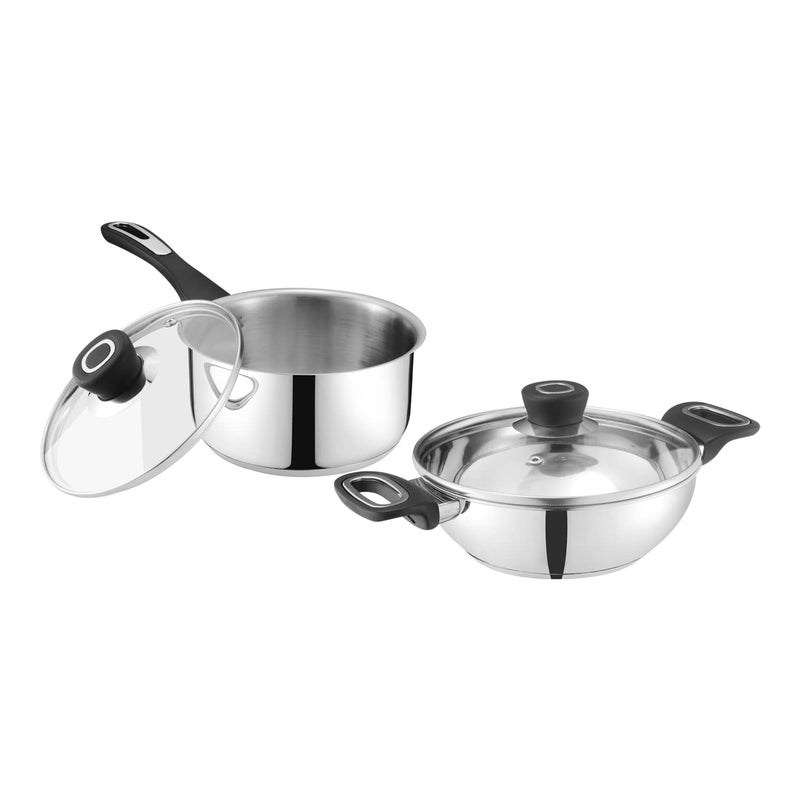VINOD Vinod Veneto Stainless Steel Cookware Set of 2 | 1.7 Litre Kadai, 1.5 Litre Saucepan with Glass Lid | Stylish Ergonomic Hanldes | Induction Base | 2 Year Warranty - Silver - Image 1