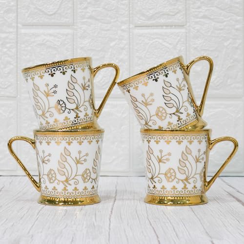 Femora Premium Golden Leaf Ceramic Royal Crowned Coffee & Tea Cup Set of 4, 180 ML - Image 5