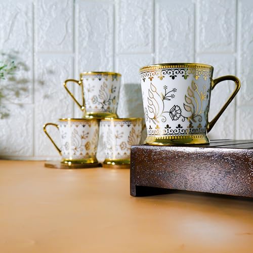 Femora Premium Golden Leaf Ceramic Royal Crowned Coffee & Tea Cup Set of 4, 180 ML - Image 3