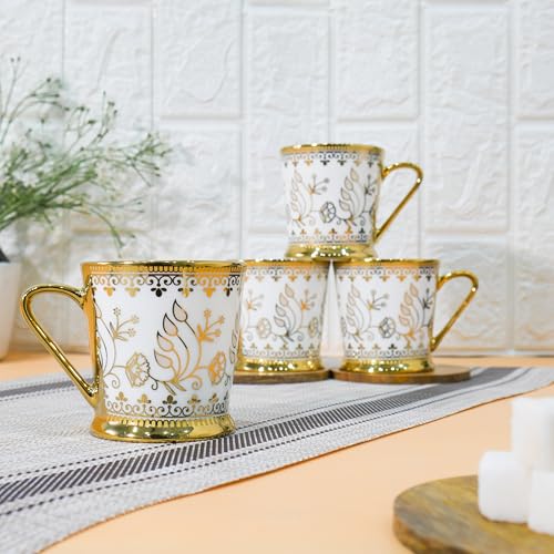 Femora Premium Golden Leaf Ceramic Royal Crowned Coffee & Tea Cup Set of 4, 180 ML - Image 2