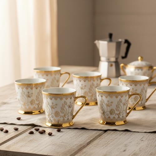 Femora Premium Golden Leaf Ceramic Royal Crowned Coffee & Tea Cup Set of 4, 180 ML - Image 4