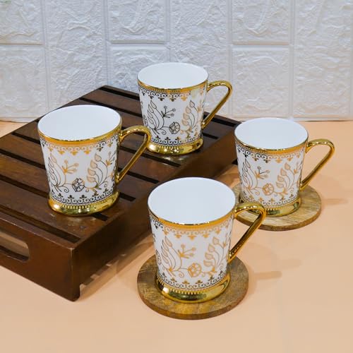 Femora Premium Golden Leaf Ceramic Royal Crowned Coffee & Tea Cup Set of 4, 180 ML - Image 1