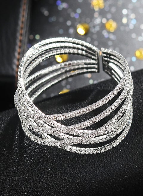 MultiLayer Crystal Rhinestone Cuff Bracelet For Women Girls Silver Strand Layered Bridal Bracelet Jewelry for Prom Party Wedding Dating