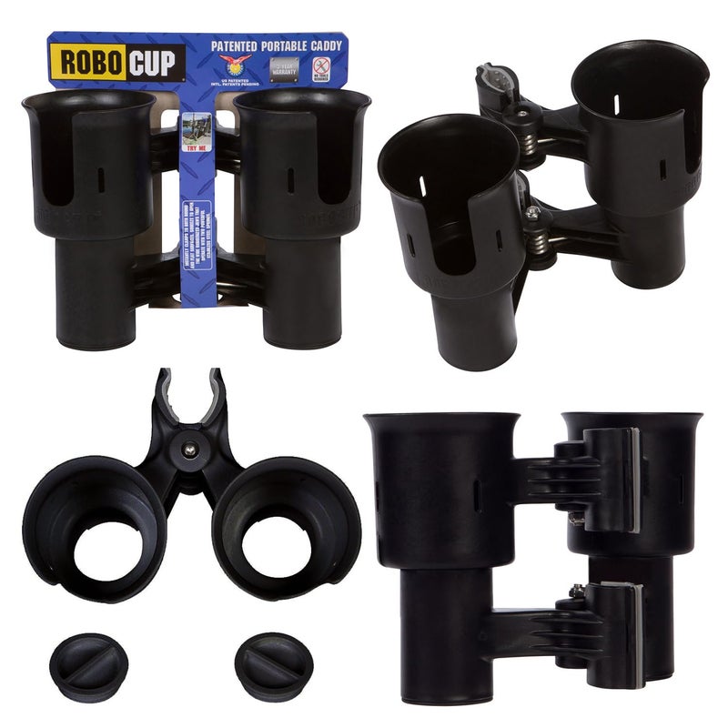 ROBOCUP, (Black), Patented Boat Cup Holder, Clamp on Portable Storage Caddy Securely Holds 2 Drinks, Fishing Poles, Tools, Marine Gear | Perfect for Boating, Beach Umbrellas, Golf Carts - Image 1