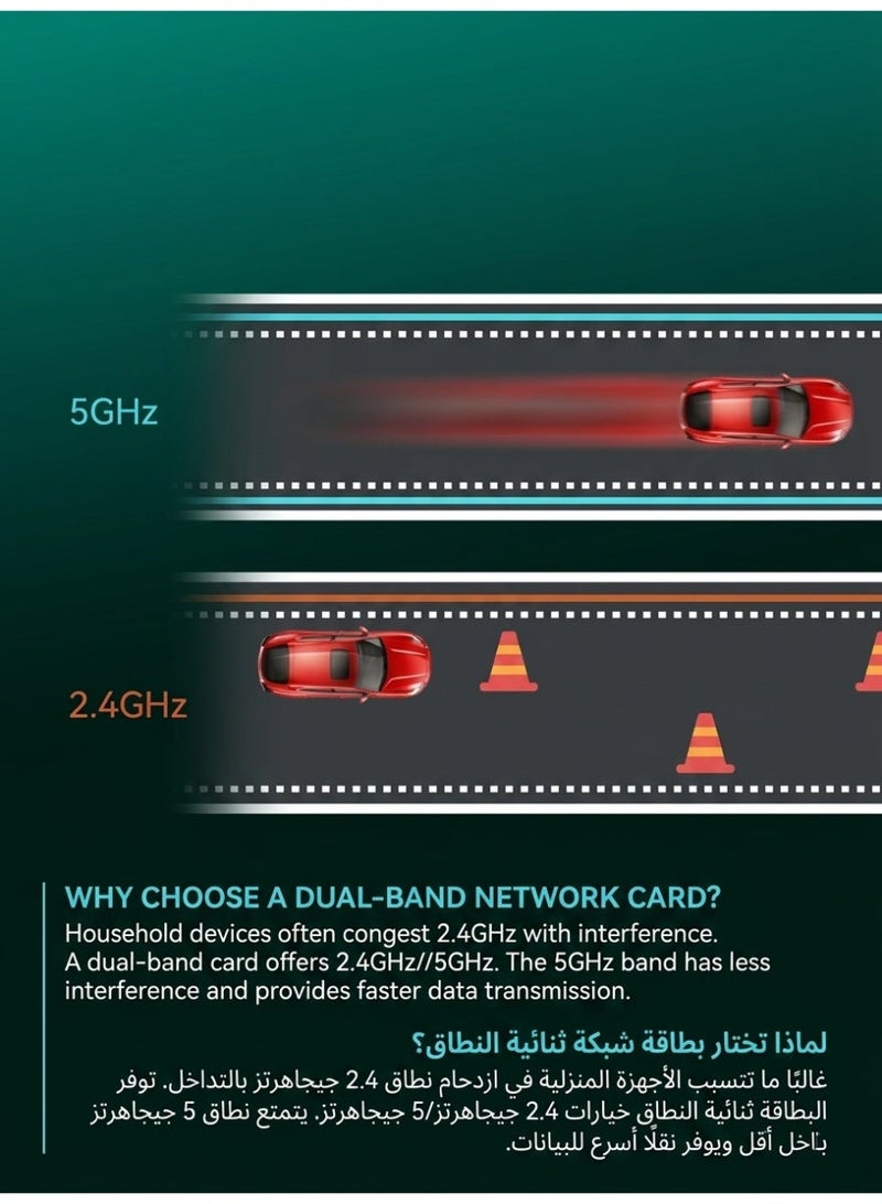 محول واي فاي لاسلكي USB، بسرعة 5800 ميجابت في الثانية، ثنائي النطاق 5.8/2.4 جيجاهرتز، مستقبل شبكة لاسلكية خارجي لأجهزة الكمبيوتر المكتبية والمحمولة واللوحية، يدعم أنظمة التشغيل ويندوز 11/10/8/7/فيستا/إكس بي - Image 3