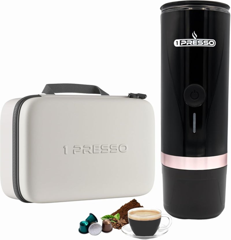 ماكينة قهوة إسبريسو محمولة من 1Presso - تسخين ذاتي، متوافقة مع الكبسولات ومسحوق القهوة، مضخة ضغط 20 بار، ماكينة قهوة محمولة مثالية للاستخدام في الهواء الطلق، والسفر، والسيارة، والمكتب، والمنزل (أسود)