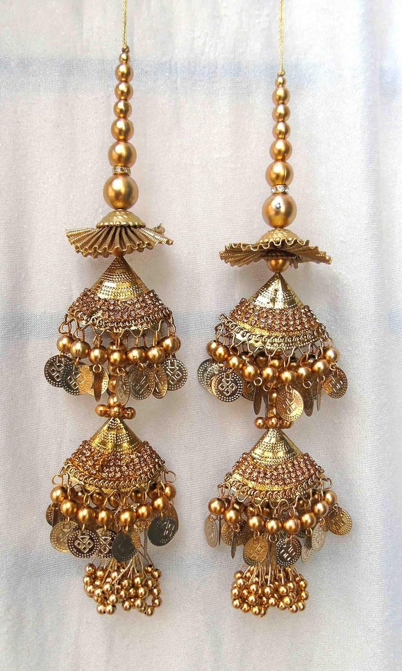 Strala Golden Handmade Work Ethnic Hanging Latkan for Lehenga Color Gold for Women Latkan Fancy Designer Teasel Fabric Silk Design20 Golden Antique - Image 2