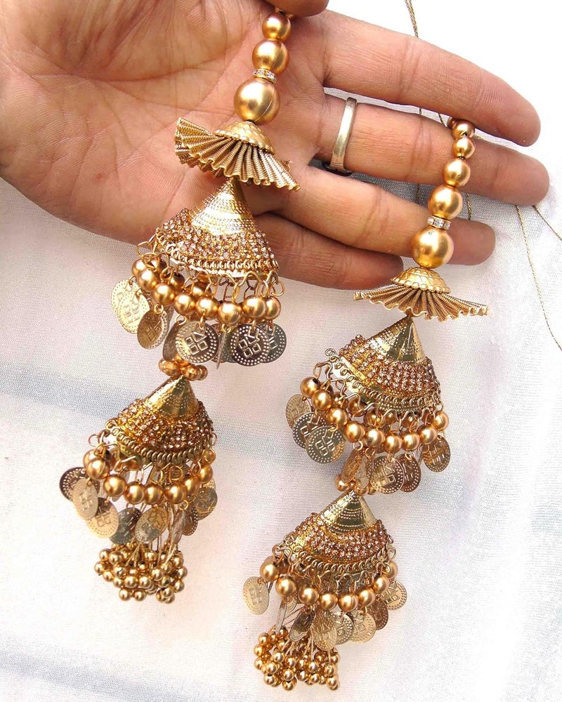 Strala Golden Handmade Work Ethnic Hanging Latkan for Lehenga Color Gold for Women Latkan Fancy Designer Teasel Fabric Silk Design20 Golden Antique - Image 3